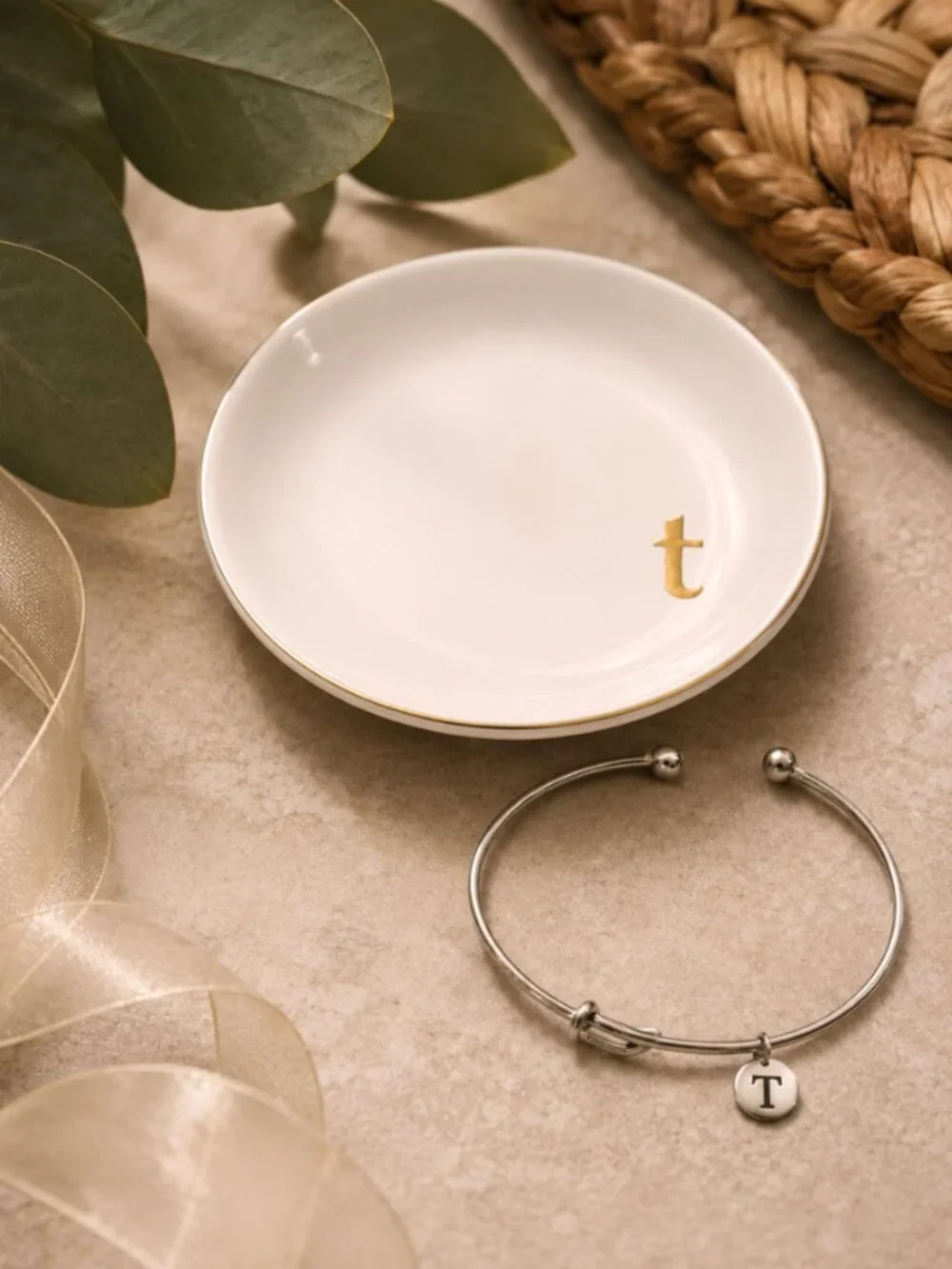 Letter T | Ceramic Jewelry Tray or Trinket Dish AND Letter T Silver Bracelet